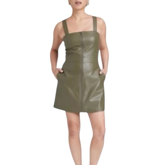Wild Fable Faux Leather Zip Front Pinafore Mini Dress in Olive Green. Size Large - Picture 1 of 16